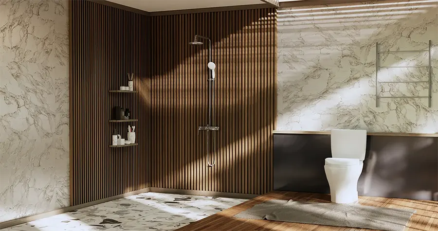 Modernt badrum med trä, badrumsrenovering har gjorts.